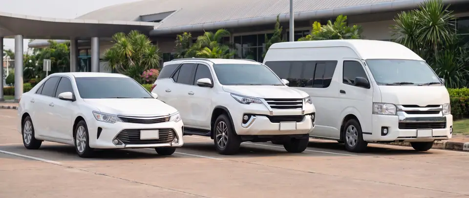 A white sedan, SUV and van at an airport kerb