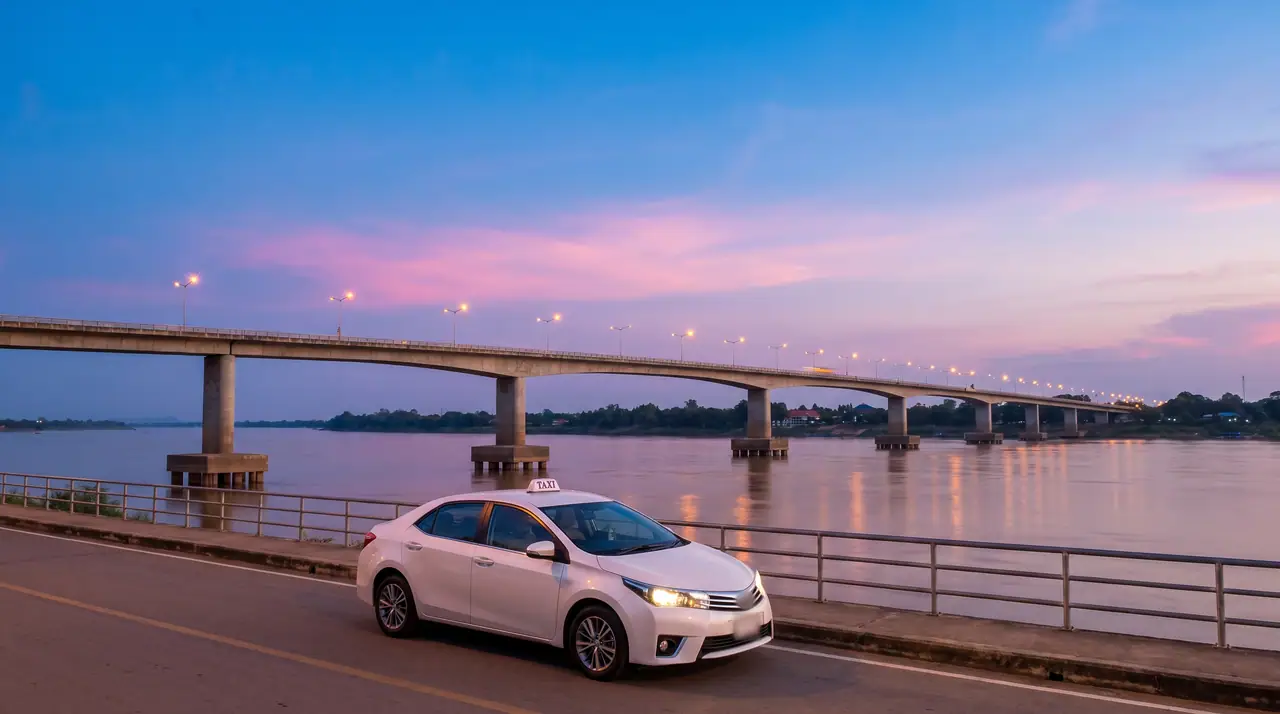 A sedan taxi by the Mekong in front of the Thai–Lao Friendship Bridge at dusk