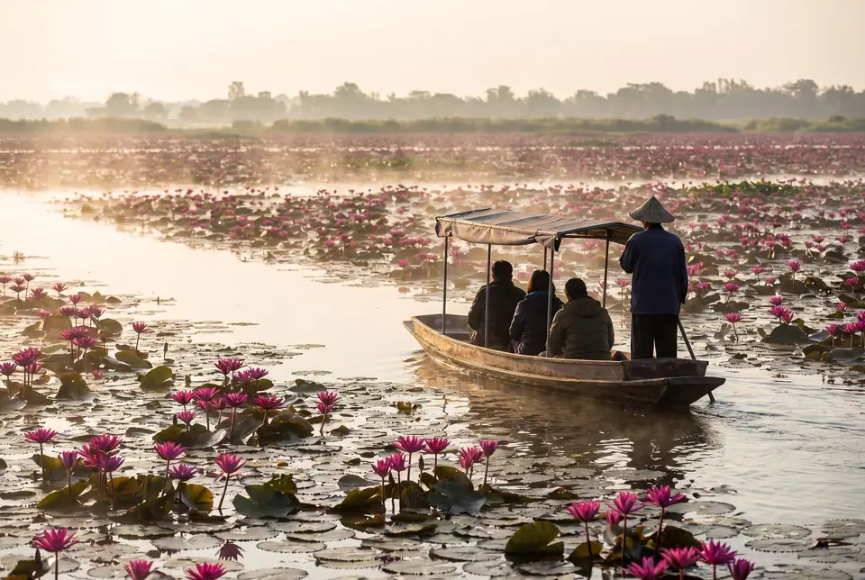 A boat among pink water lilies on Nong Han lake in the early morning